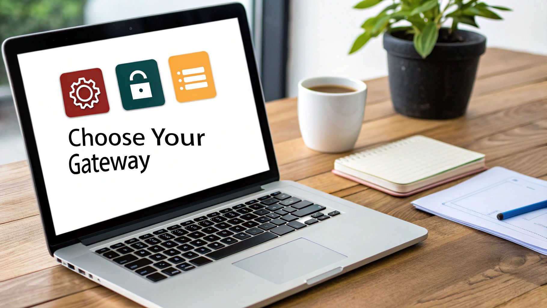 A laptop displays 'Choose Your Gateway' with icons on a wooden desk with coffee and notebook.
