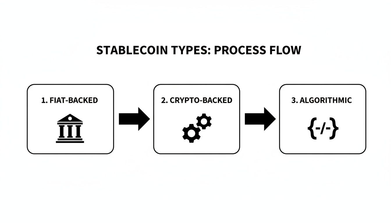 Process flow diagram illustrating three stablecoin types: fiat-backed, crypto-backed, and algorithmic.