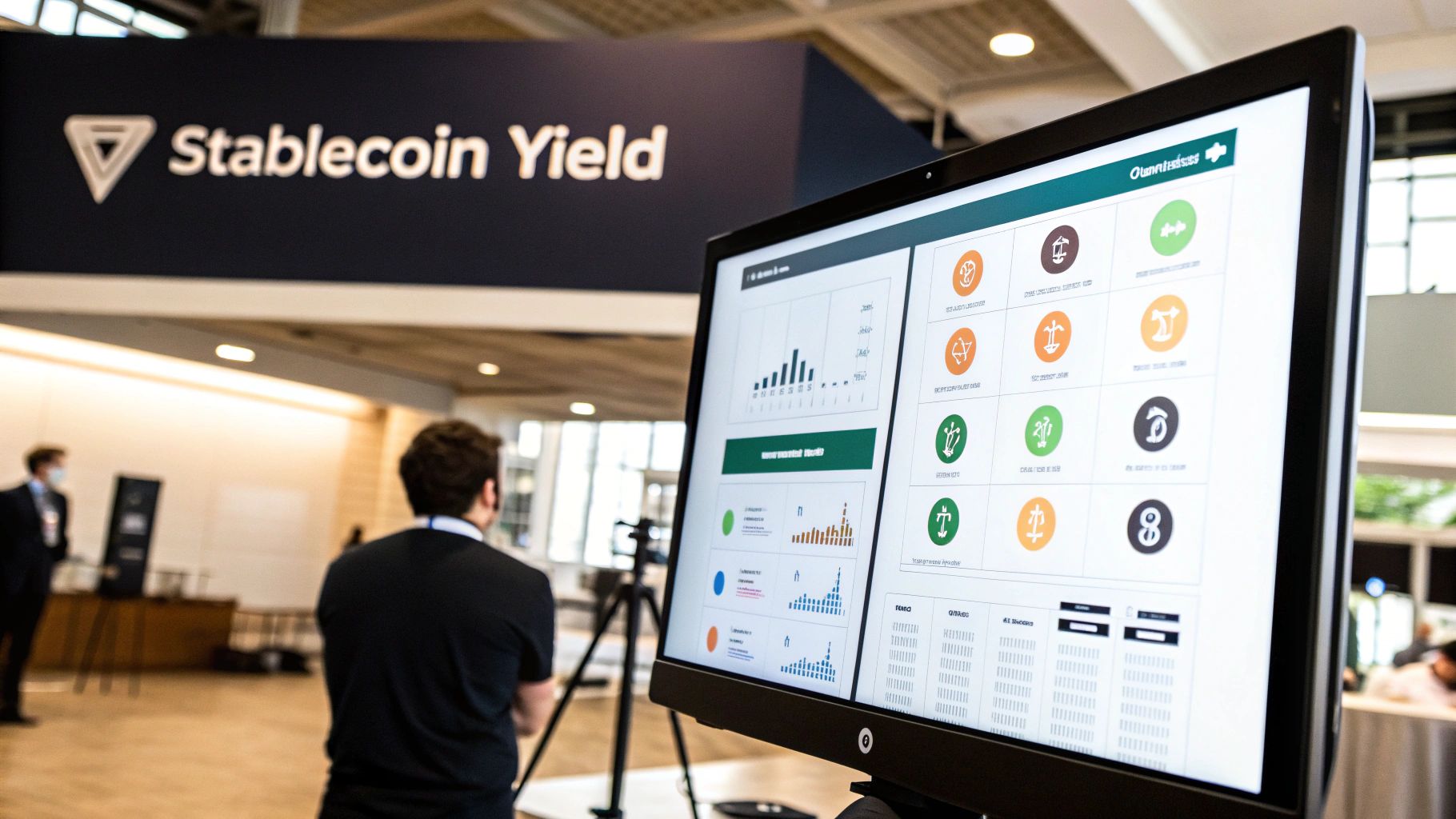 A monitor displays stablecoin data and charts at an event with a 'Stablecoin Yield' sign.