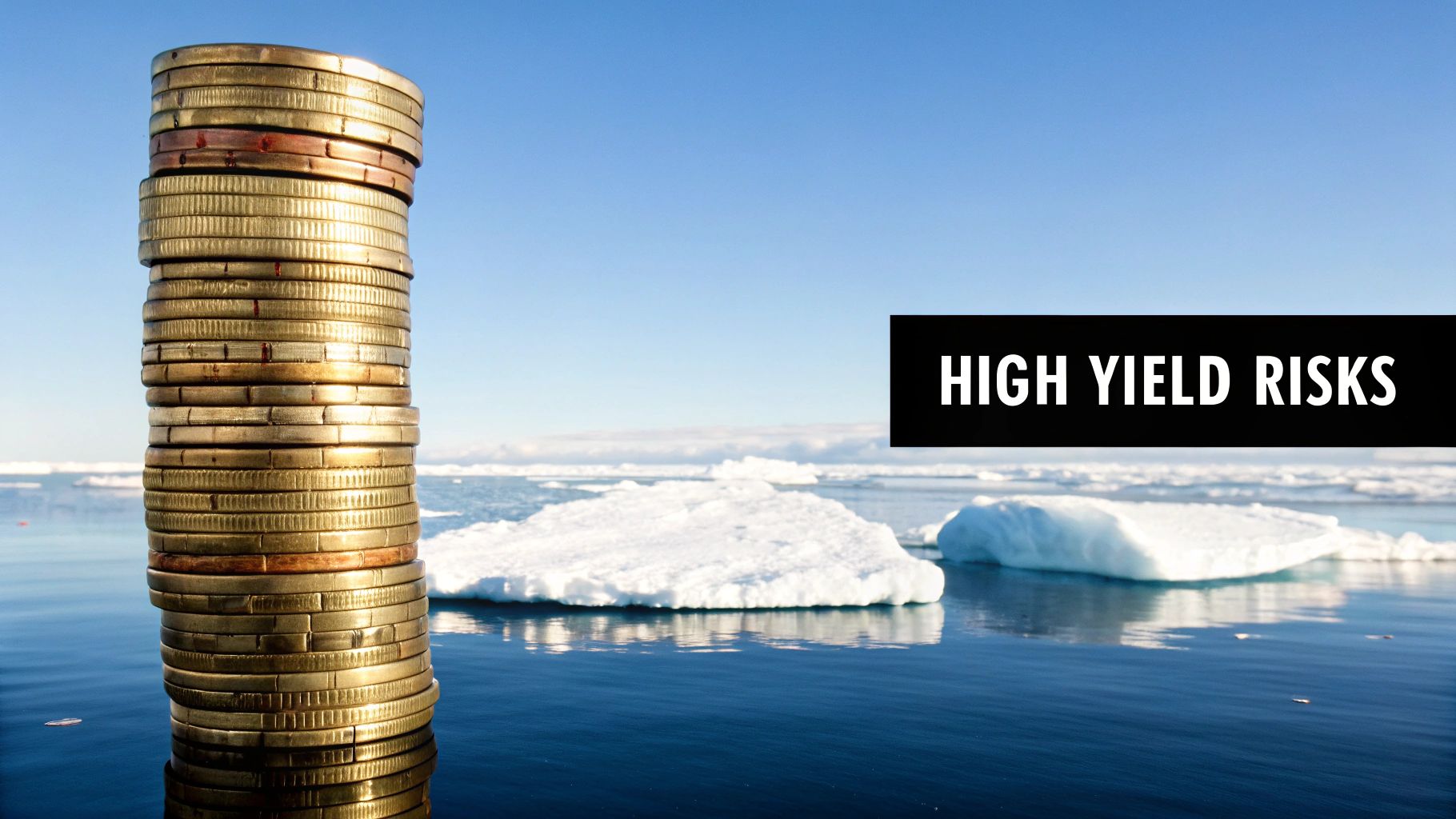 A tall stack of golden coins in icy blue waters, with text overlay reading 'HIGH YIELD RISKS'.