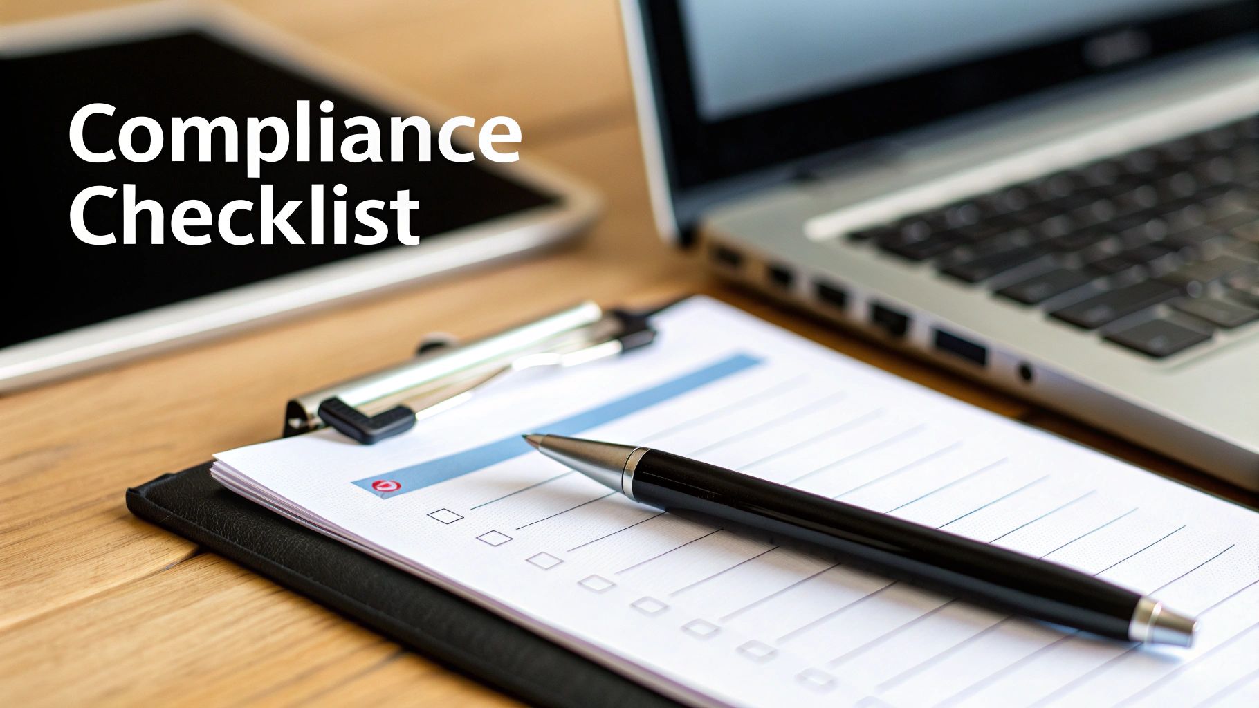 A 'Compliance Checklist' displayed on a tablet screen, with a physical checklist, pen, and laptop on a wooden desk.