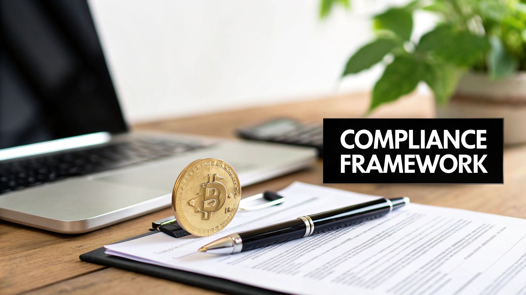 Desk with a Bitcoin coin, laptop, document, and pen, highlighting 'COMPLIANCE FRAMEWORK' text.