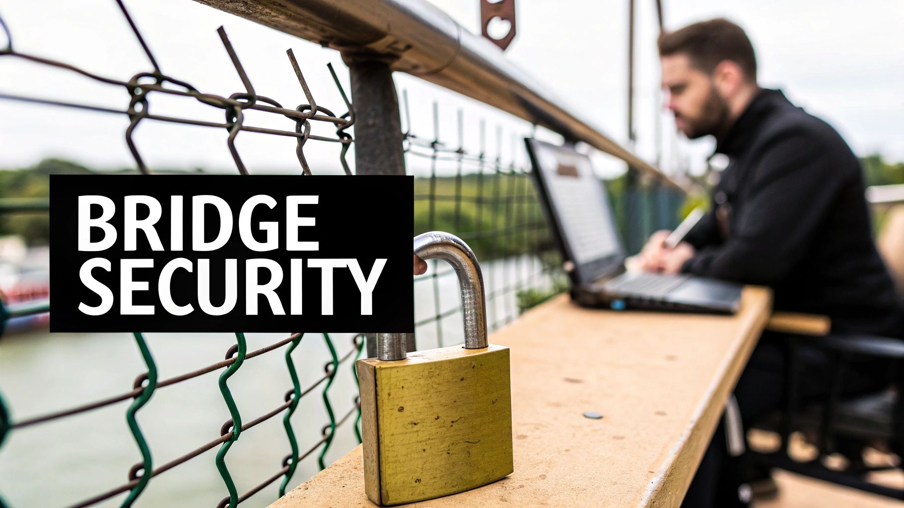 Bridge security concept with open padlock on fence and person working on laptop outdoors