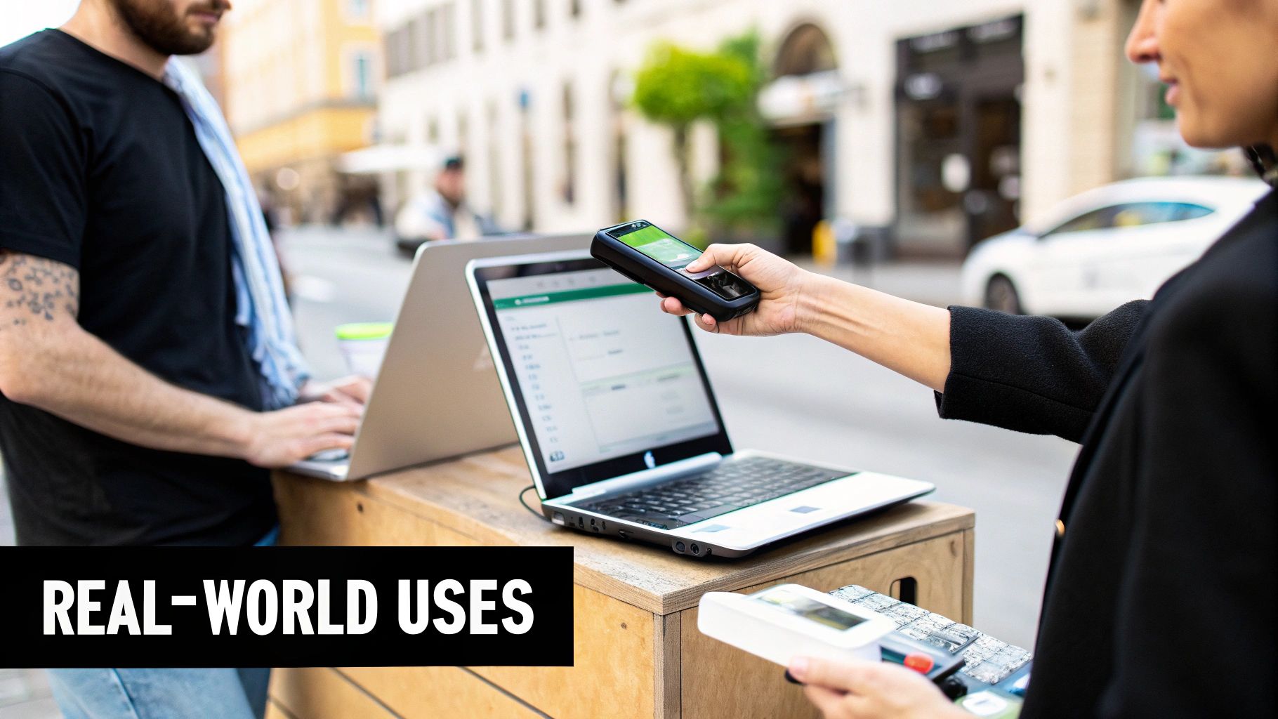 Two people using laptops and mobile devices for an outdoor transaction or work setup.