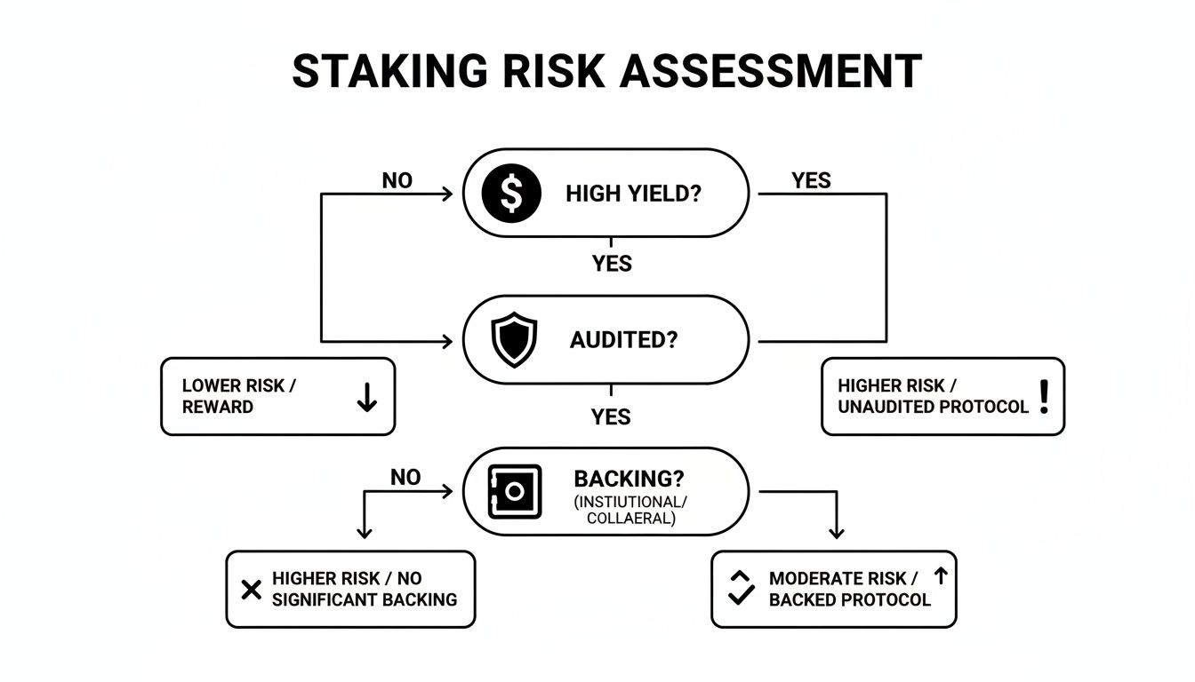 A flowchart illustrating a staking risk assessment based on high yield, audit status, and institutional backing.