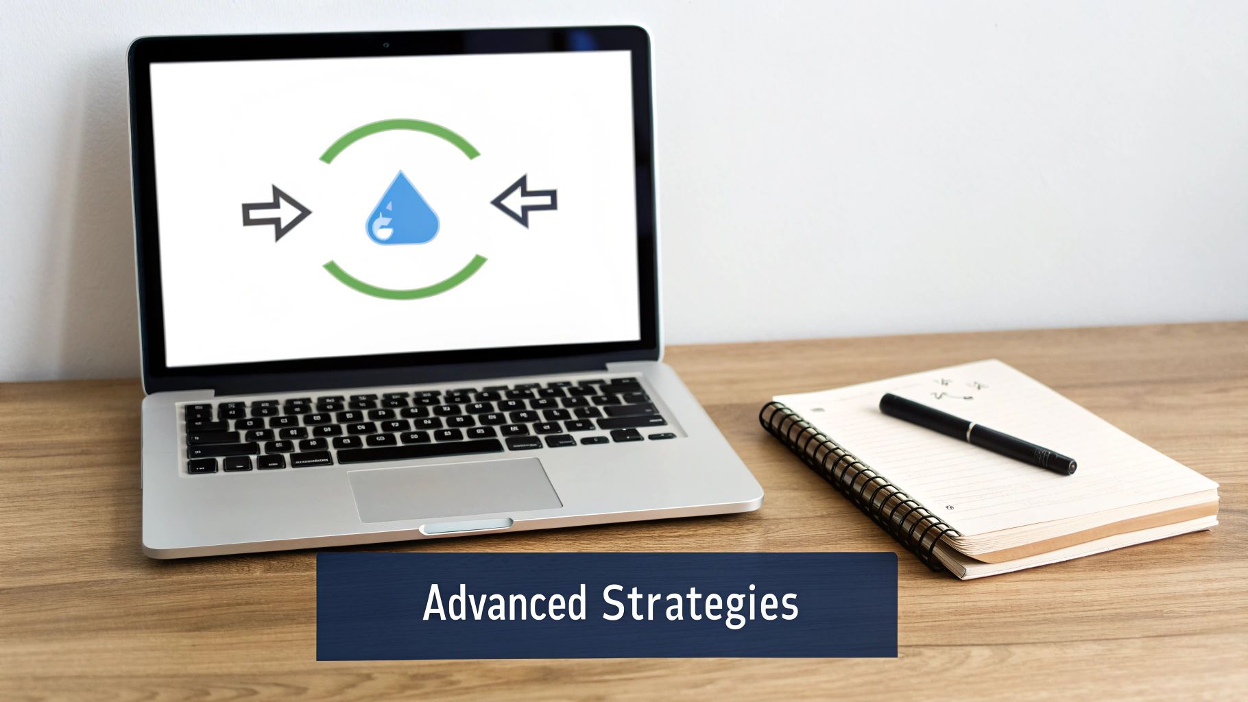 Laptop on a desk displays a graphic of a data cycle, beside a notebook and pen.