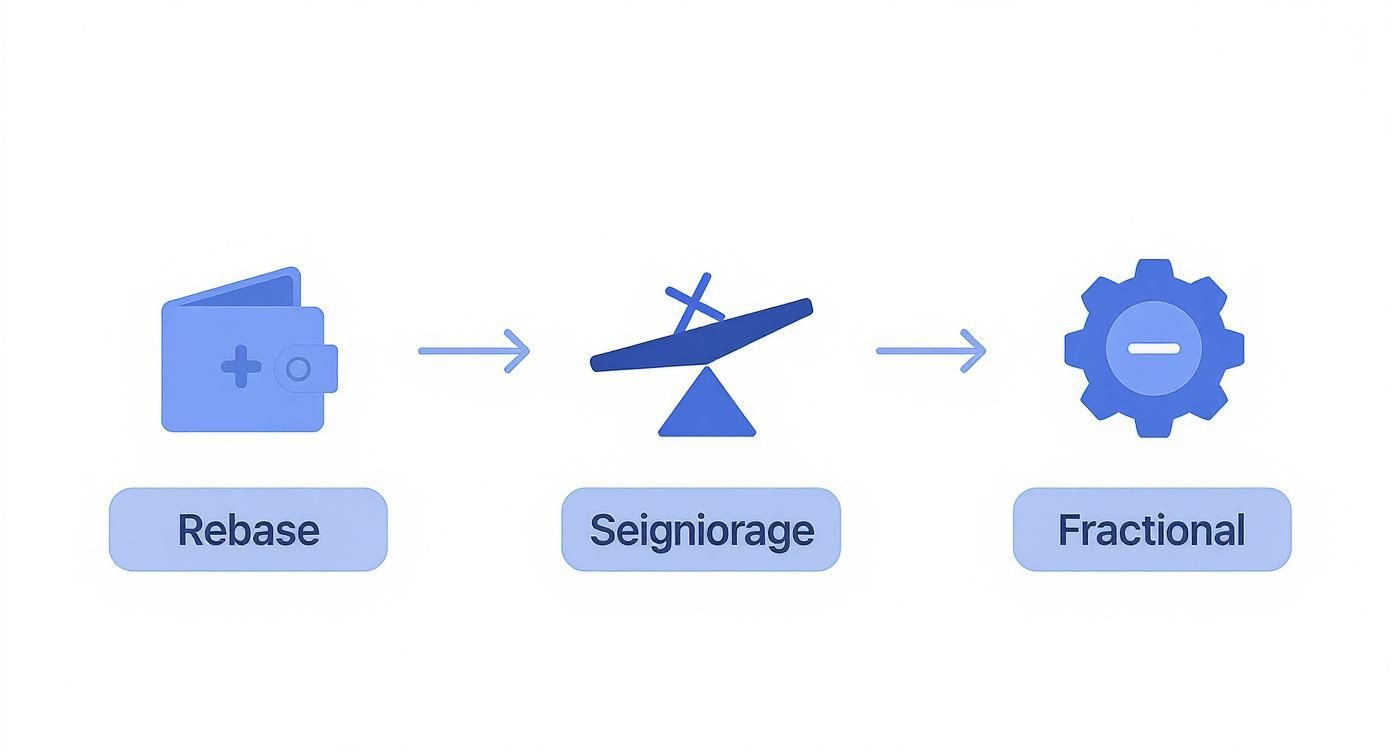 Flowchart showing three algorithmic stablecoin concepts: Rebase (wallet icon), Seigniorage (seesaw icon), and Fractional (gear icon).