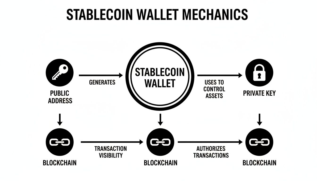 Diagram illustrating stablecoin wallet mechanics, showing public address, private key, wallet, and blockchain interactions.