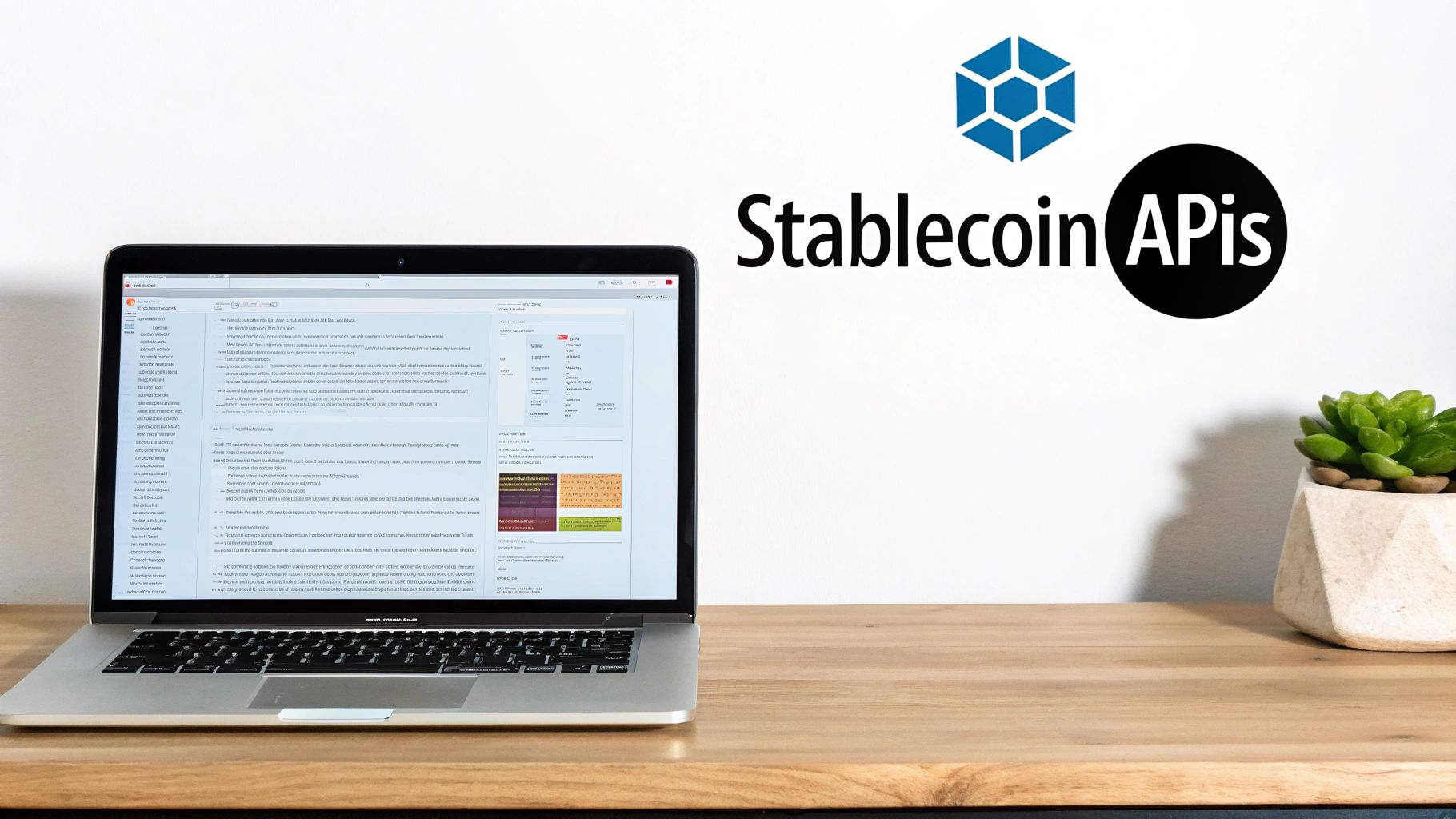 A laptop on a wooden desk with 'Stablecoin APIs' branding on a white wall, next to a succulent plant.