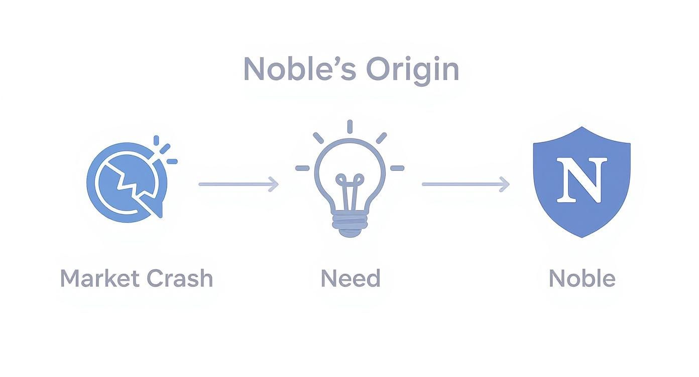 Noble stablecoin origin story showing market crash leading to need and solution with shield logo