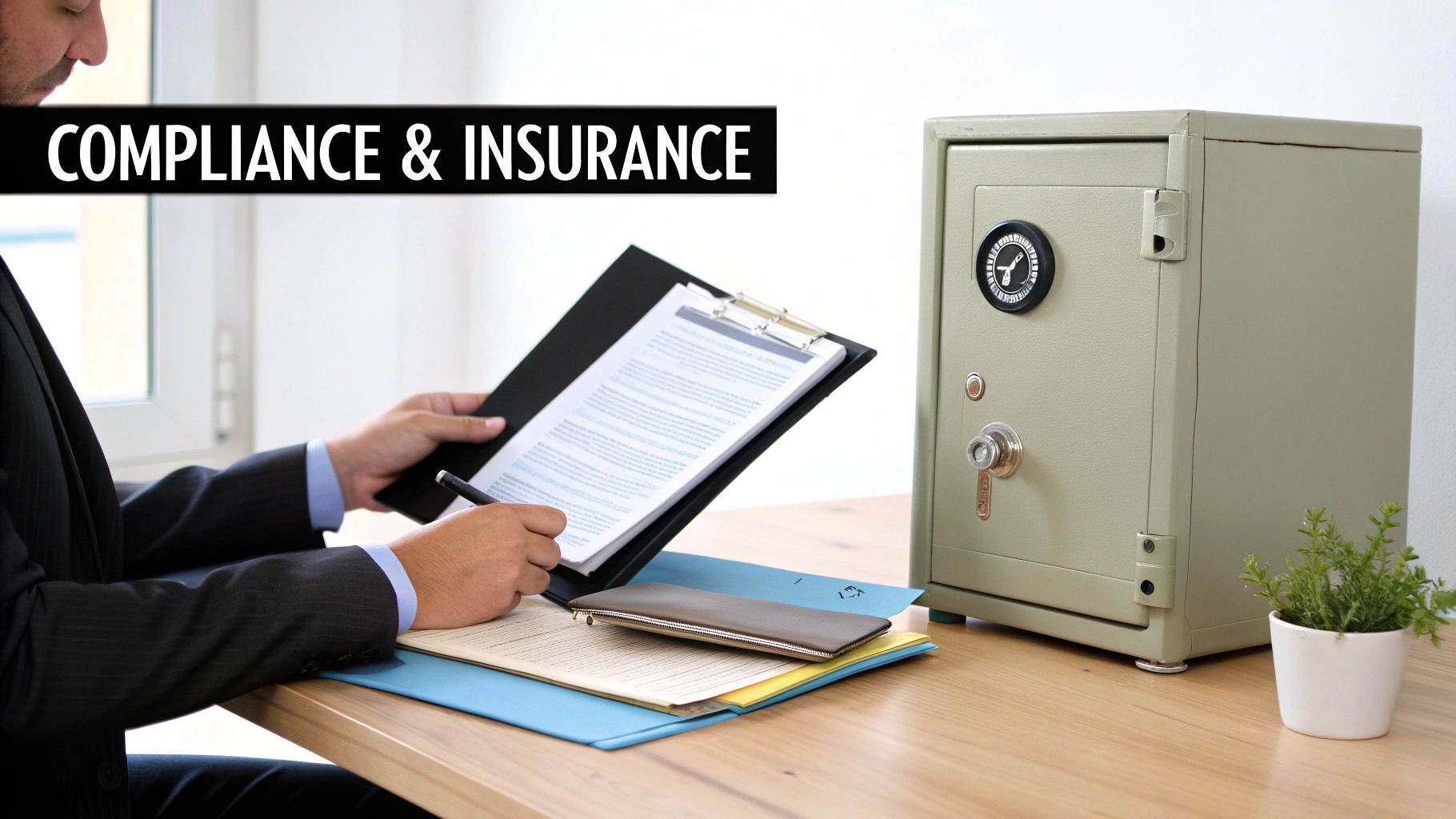 Professional man reviewing documents with a safe on desk, representing compliance and insurance.