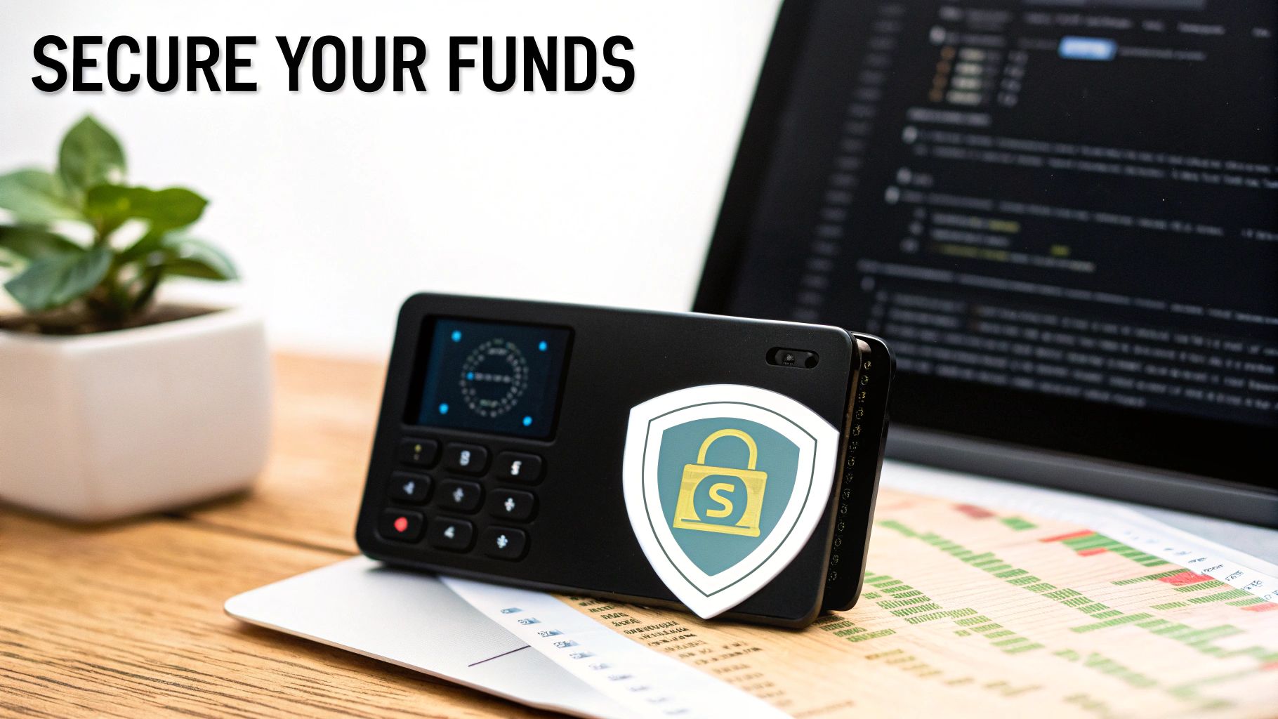 A digital shield icon protecting a stack of coins, symbolizing security in cryptocurrency.