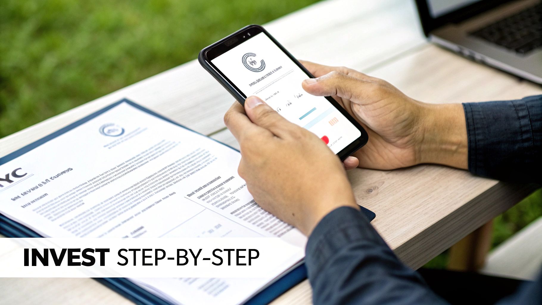 A person using a smartphone financial app with charts, next to a document and laptop, for step-by-step investing.