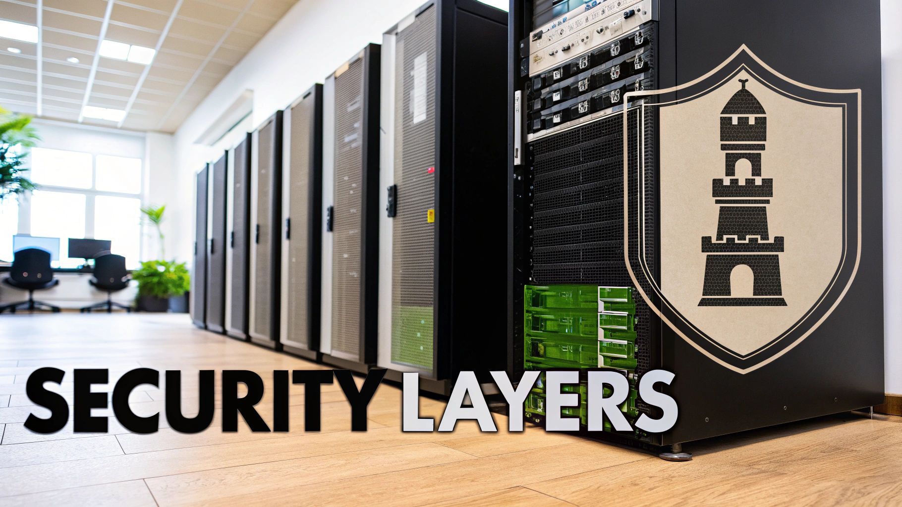 Server racks in a modern data center, featuring a security shield logo and 'SECURITY LAYERS' text.