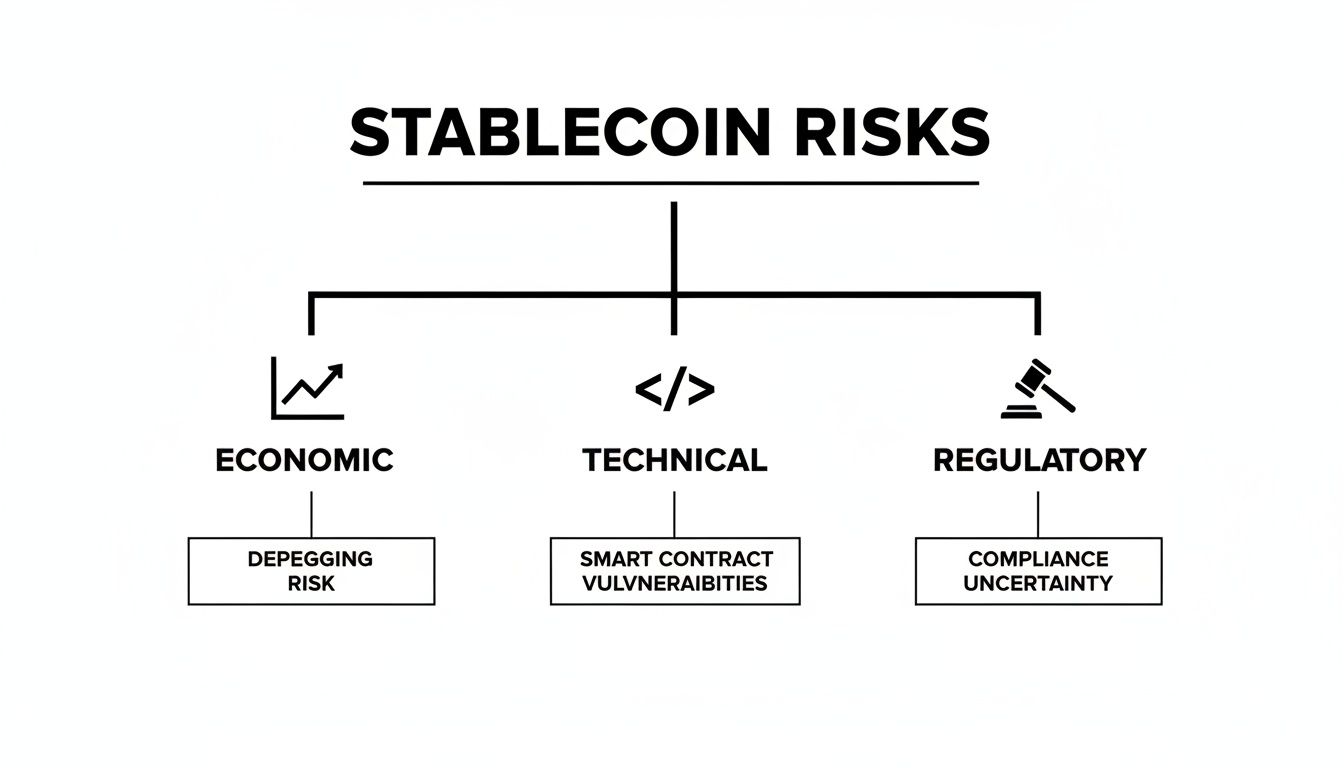 A flowchart illustrating stablecoin risks, categorized into economic (depegging), technical (smart contract vulnerabilities), and regulatory (compliance uncertainty).