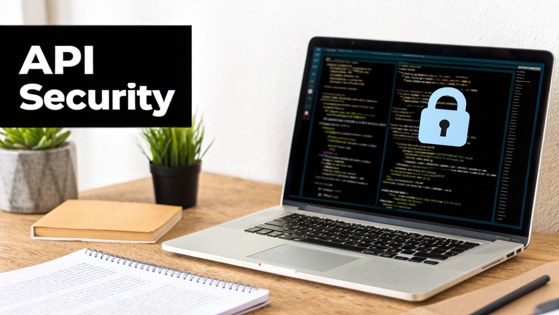 A laptop on a desk showing code with a padlock icon and an 'API Security' sign.