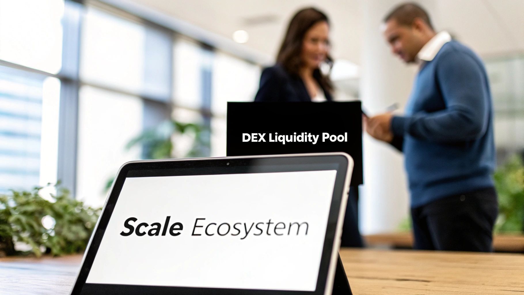 A tablet displaying 'Scale Ecosystem' with a 'DEX Liquidity Pool' sign in a modern office.
