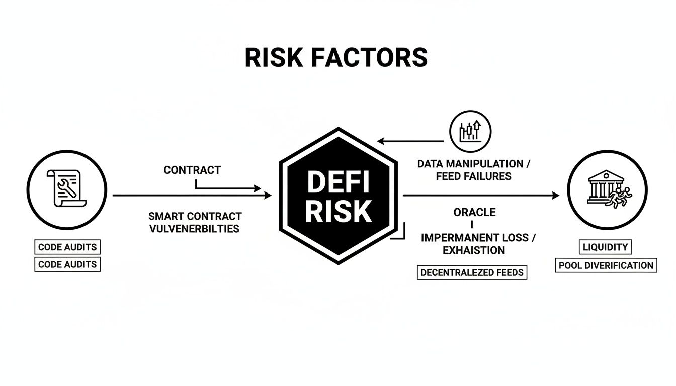 Diagram illustrating key DeFi risk factors, including smart contract vulnerabilities, oracle failures, and liquidity concerns.