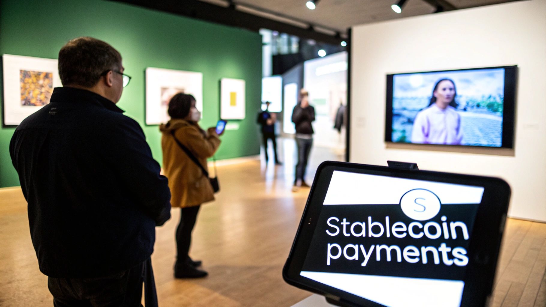 Museum visitor viewing digital display screen showing stablecoin payments option at modern art gallery