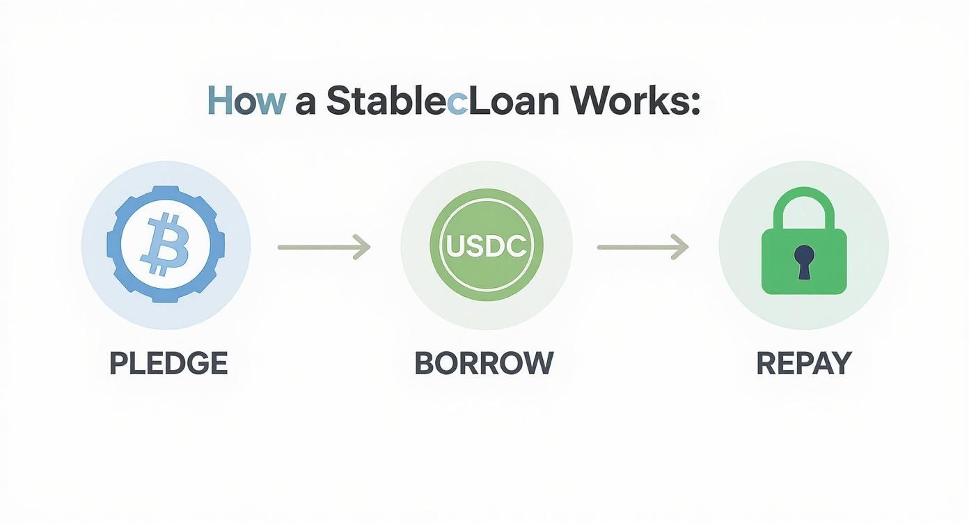 A diagram illustrating how a StablecLoan works by pledging Bitcoin, borrowing USDC, and subsequently repaying the loan.