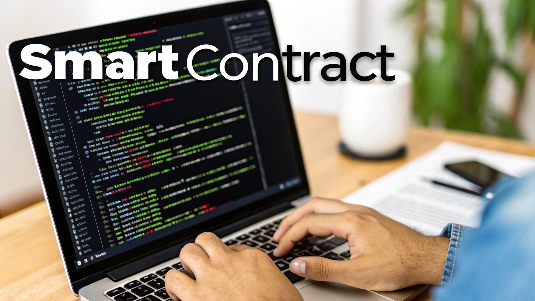 Person's hands typing on a laptop, displaying code related to a smart contract.