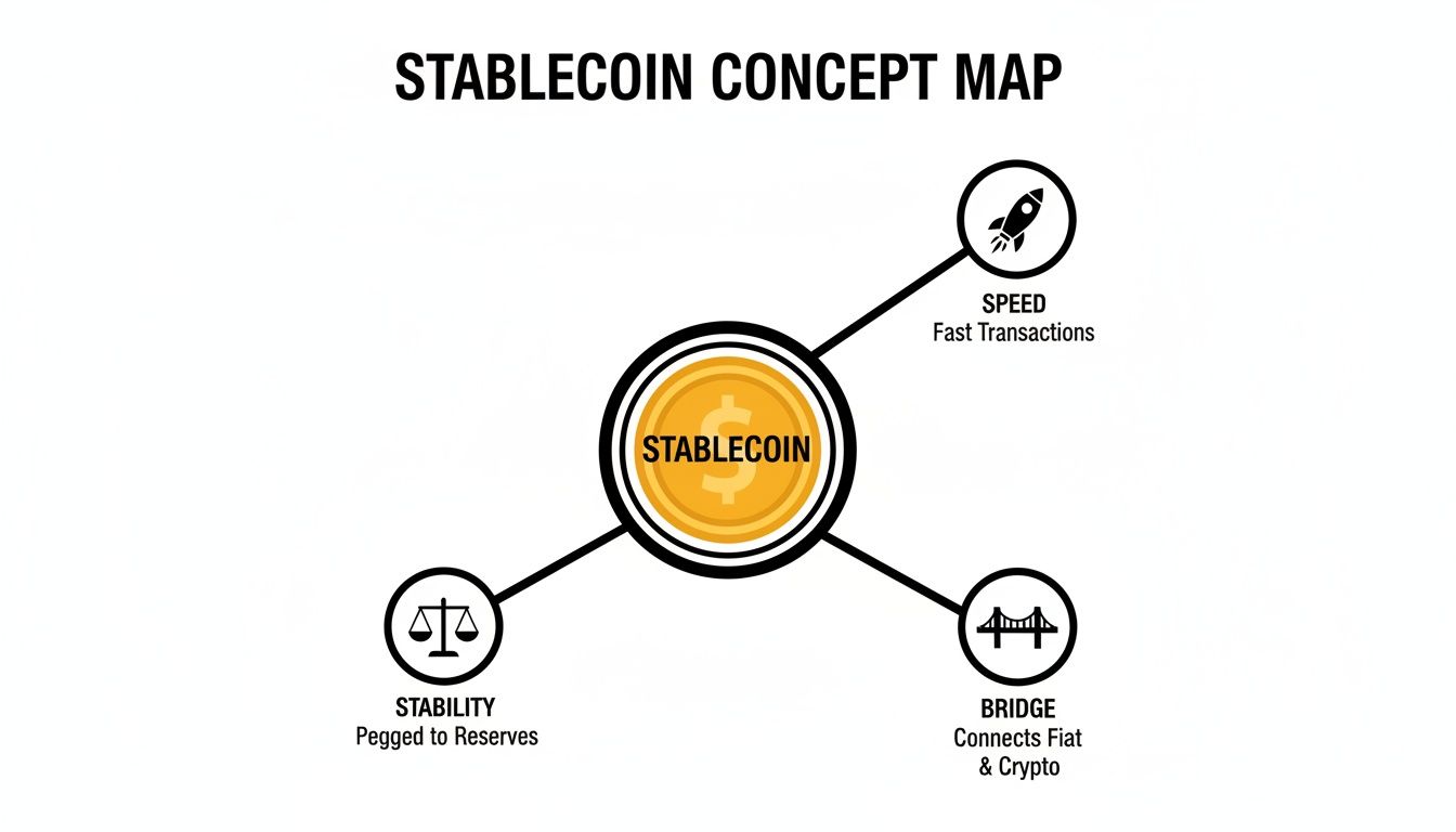 A stablecoin concept map illustrating its benefits: speed, stability pegged to reserves, and bridging fiat and crypto.