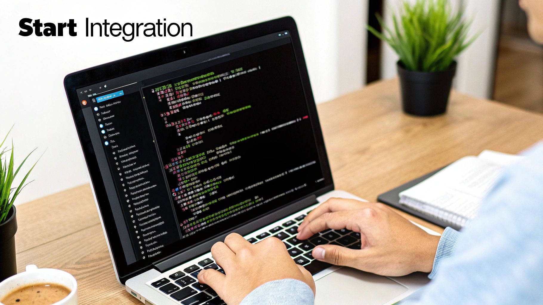 A person's hands typing code on a laptop screen displaying a code editor and 'Start Integration' text, on a wooden desk.