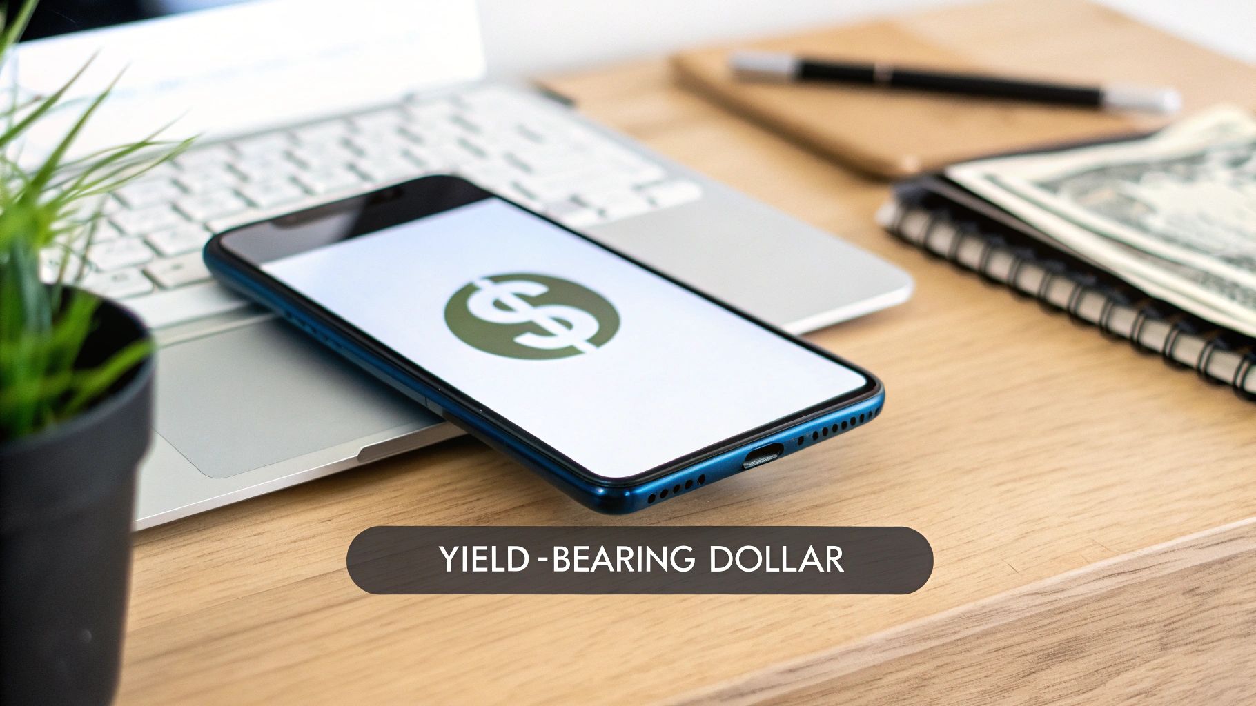 Smartphone displaying dollar sign symbol on desk with documents representing yield-bearing financial applications