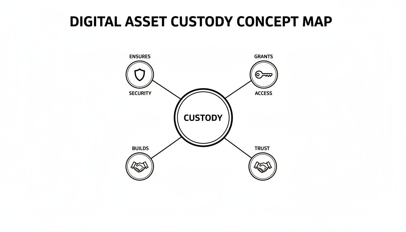 A concept map outlining Digital Asset Custody, showing its connections to security, access, and trust.