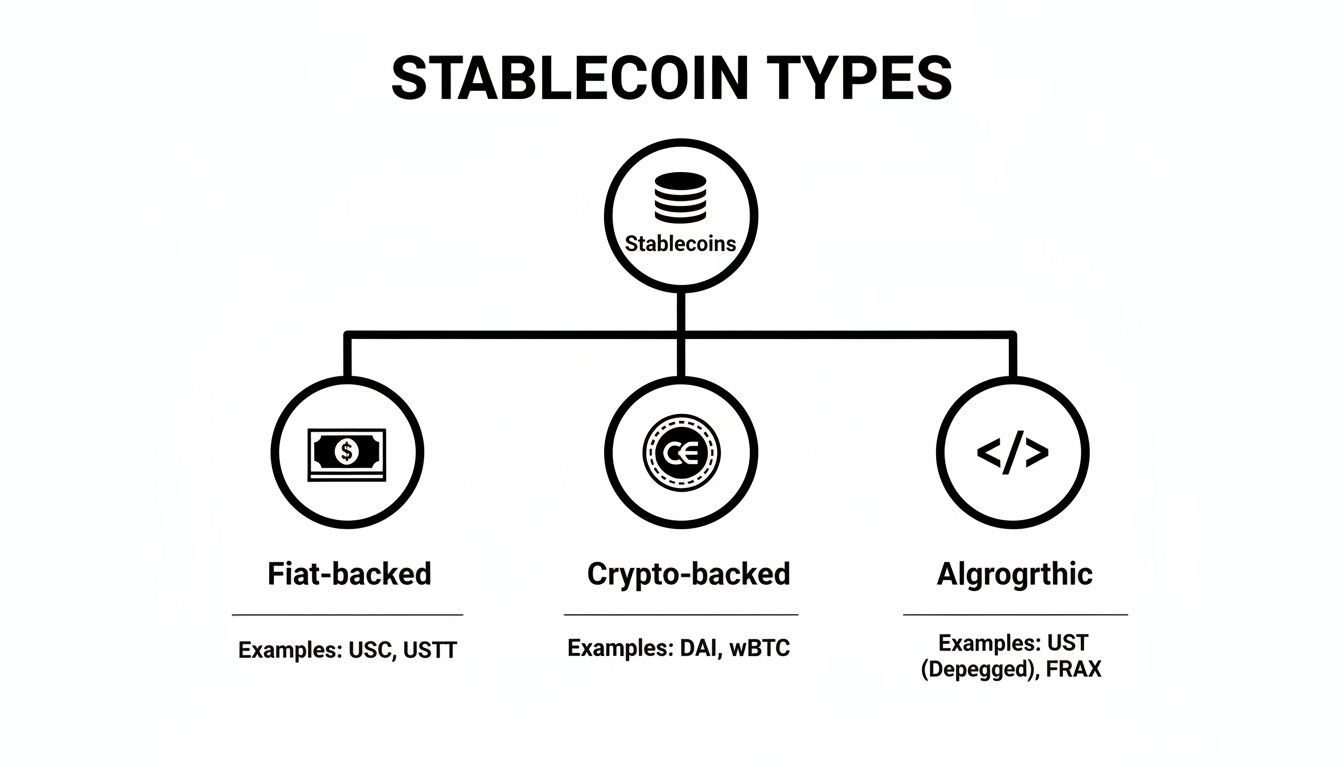 A diagram illustrating the three main types of stablecoins: Fiat-backed, Crypto-backed, and Algorithmic, with examples.