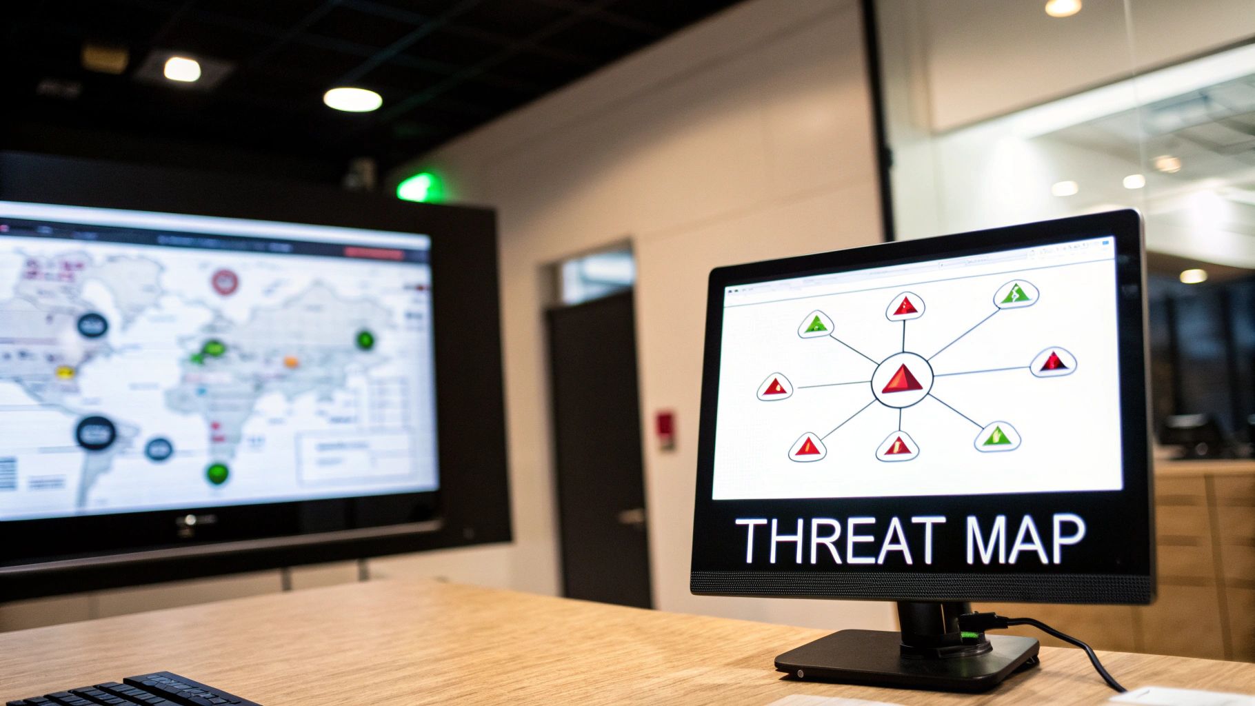 Dual monitors displaying cybersecurity threat intelligence and a global attack map in an office.