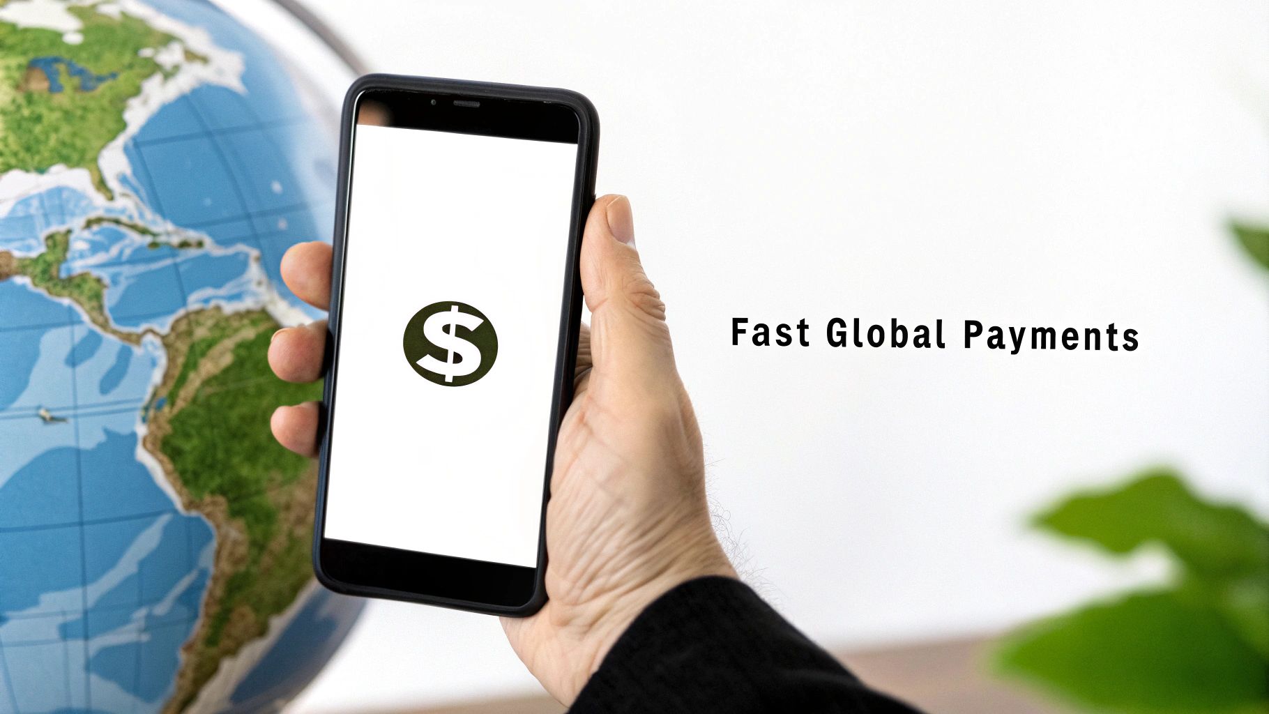 A hand holds a smartphone with a dollar sign, a globe, and 'Fast Global Payments' text.