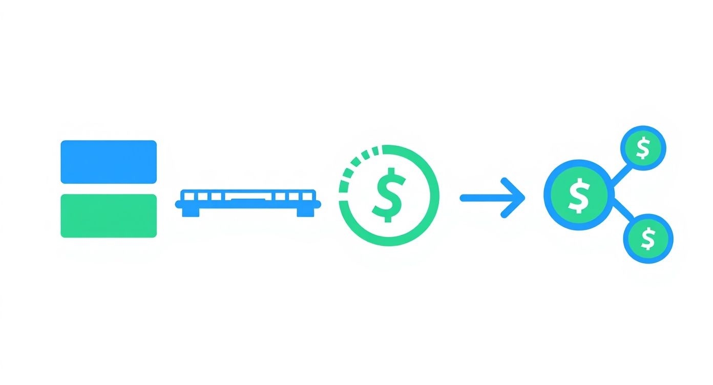 Cross chain DeFi illustration showing blockchain bridge connecting single token to multiple distributed tokens