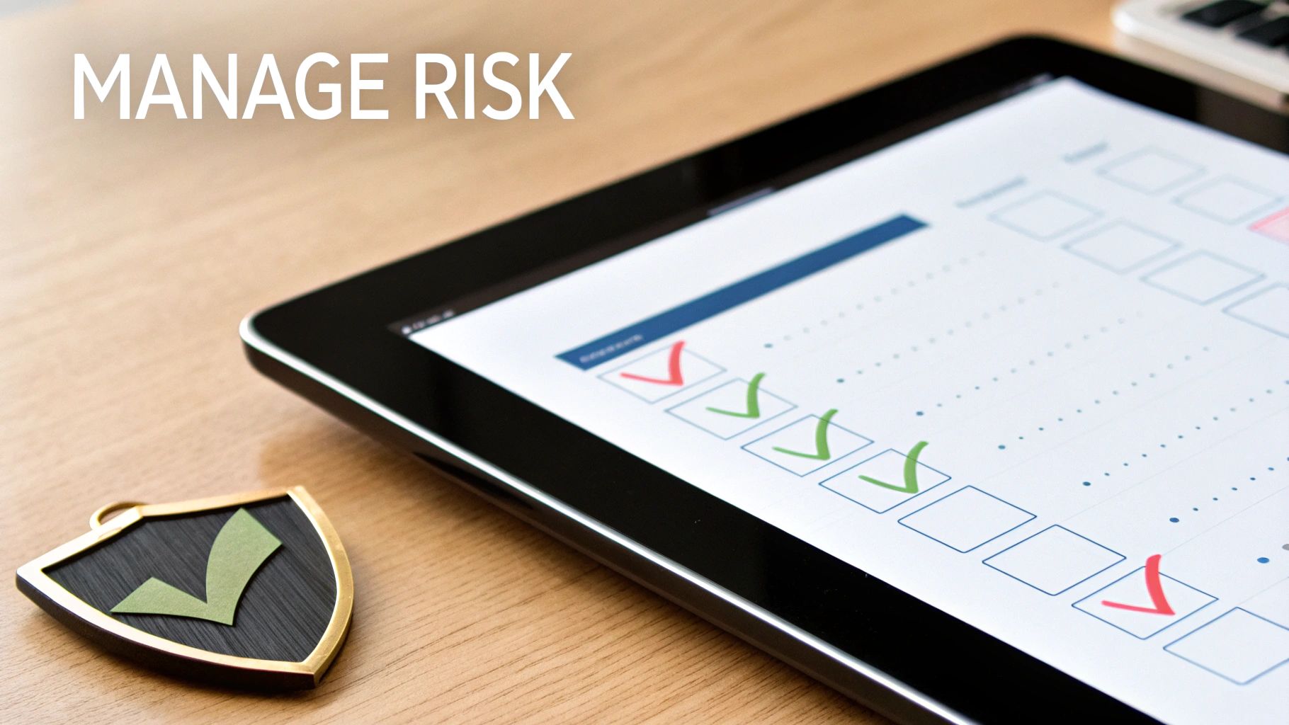 A tablet displaying a checklist, a shield charm, and the text 'MANAGE RISK' on a wooden desk.