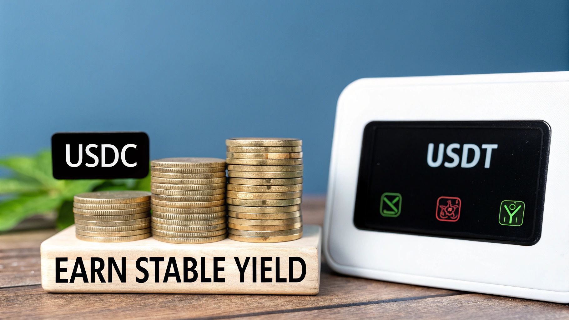 Stacks of gold coins on a wooden block with "USDC" and a digital display showing "USDT", illustrating earning stable yield.