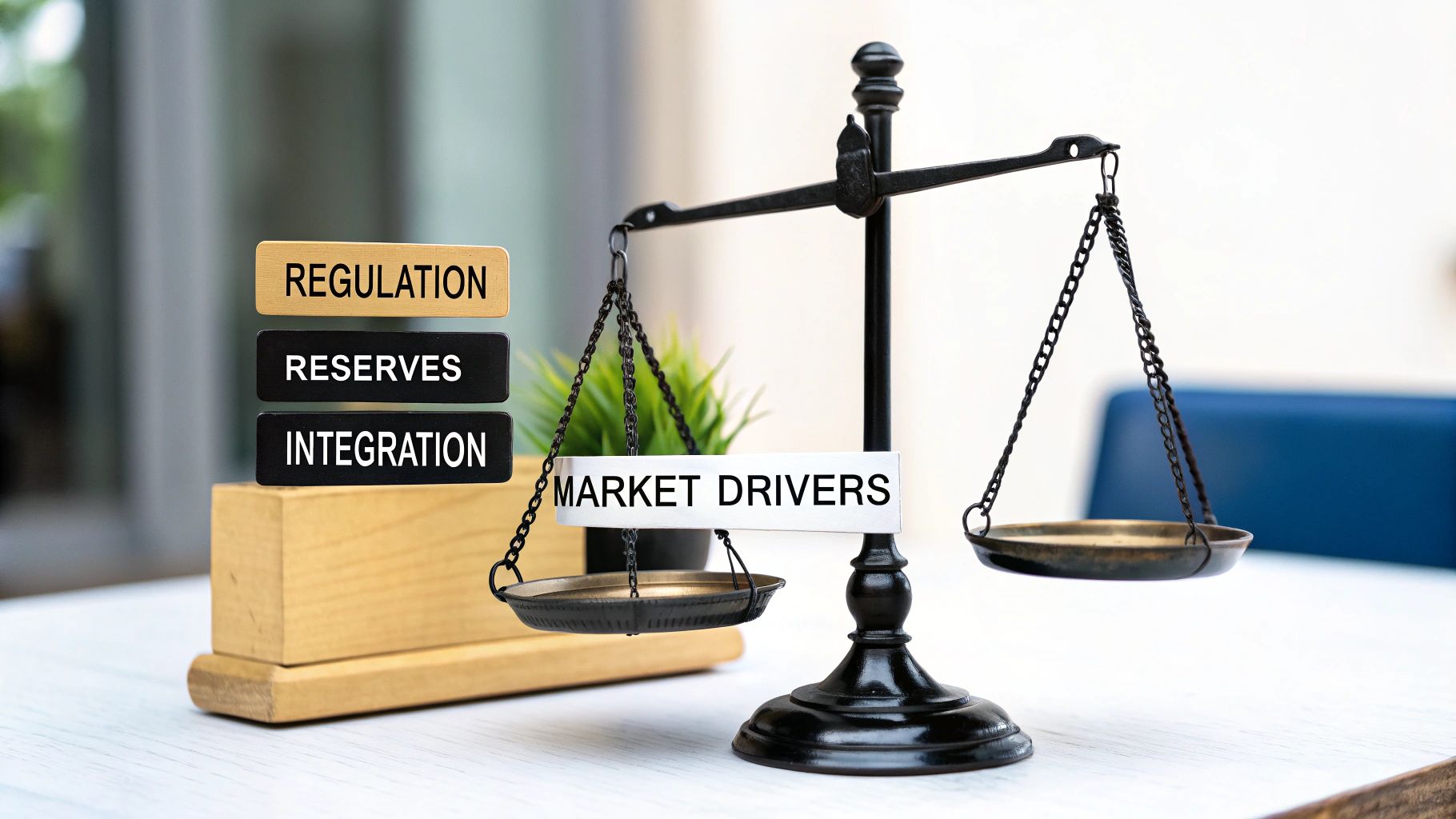 A balance scale illustrating market drivers weighed against regulation, reserves, and integration factors.
