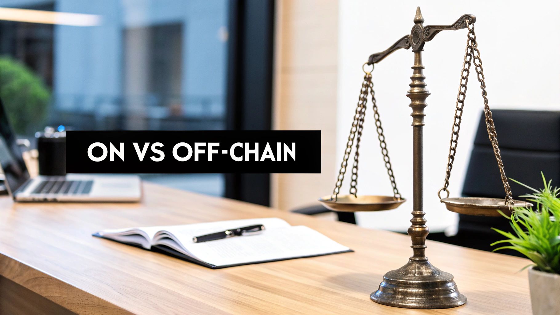 A modern desk with a laptop, notebook, pen, and symbolic scales, featuring the text 'ON VS OFF-CHAIN'.
