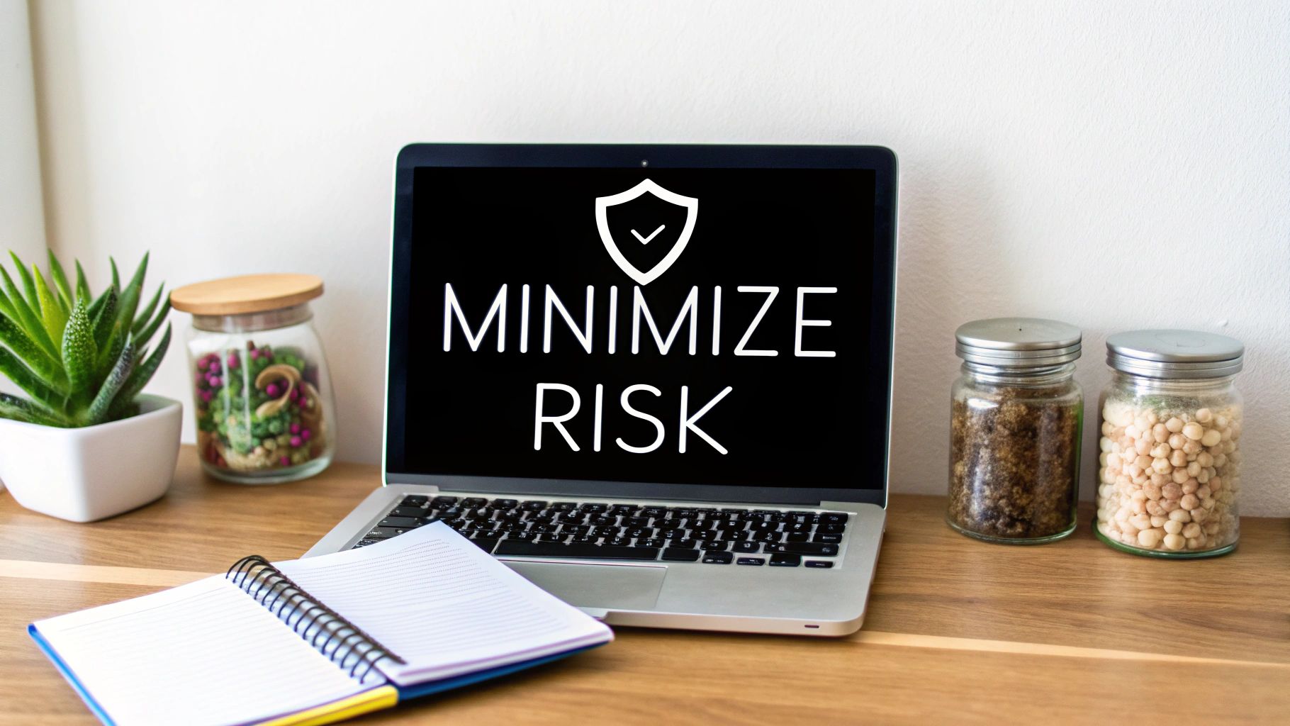 A laptop screen displays 'MINIMIZE RISK' with a shield icon, on a desk with an open notebook and plants.