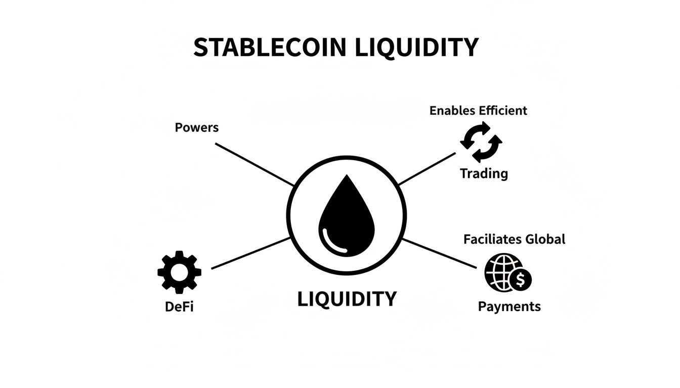 Diagram illustrating stablecoin liquidity's benefits: powering DeFi, enabling efficient trading, and facilitating global payments.