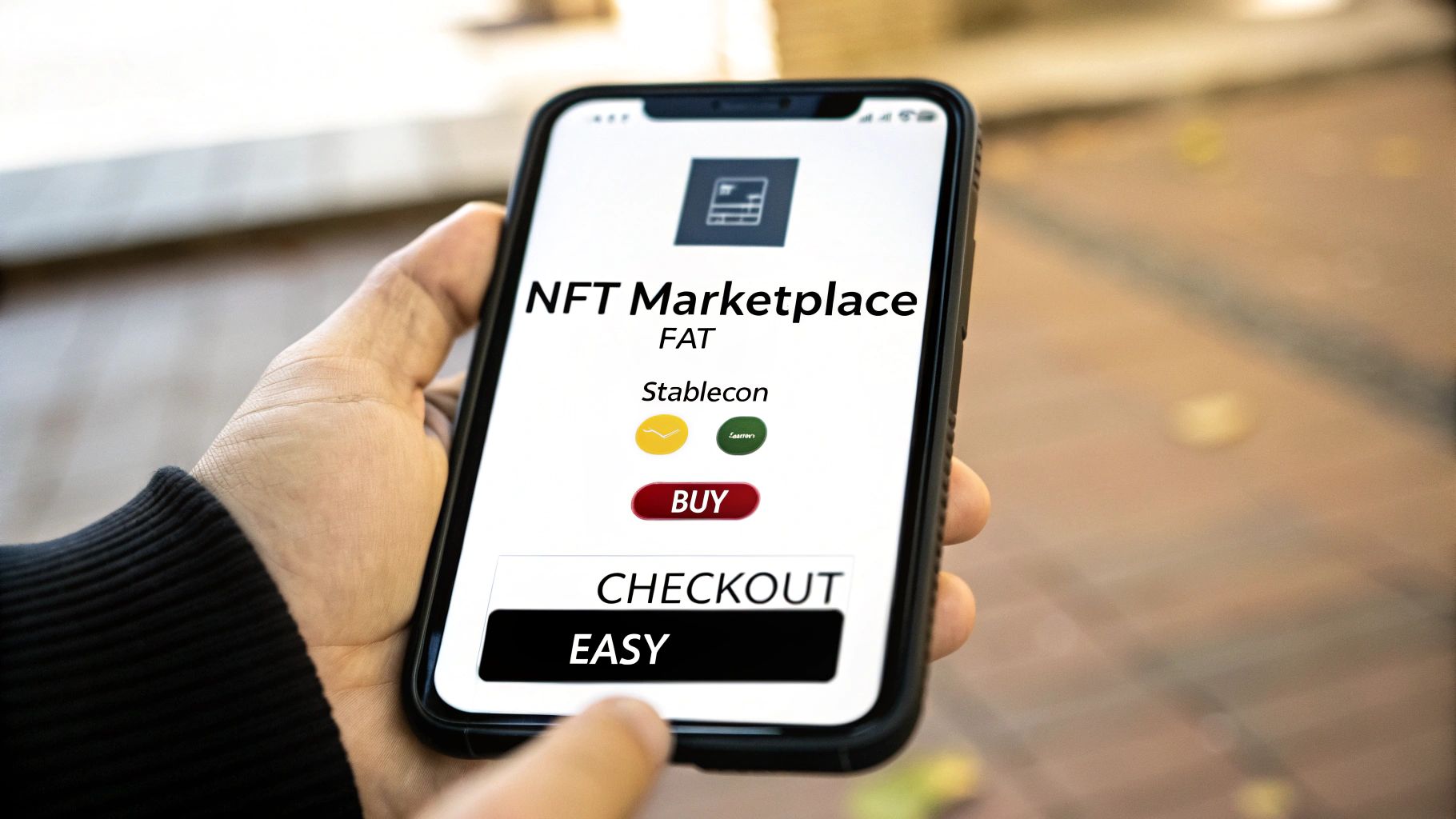 Mobile phone displaying NFT marketplace checkout interface with stablecoin payment options for cryptocurrency transactions