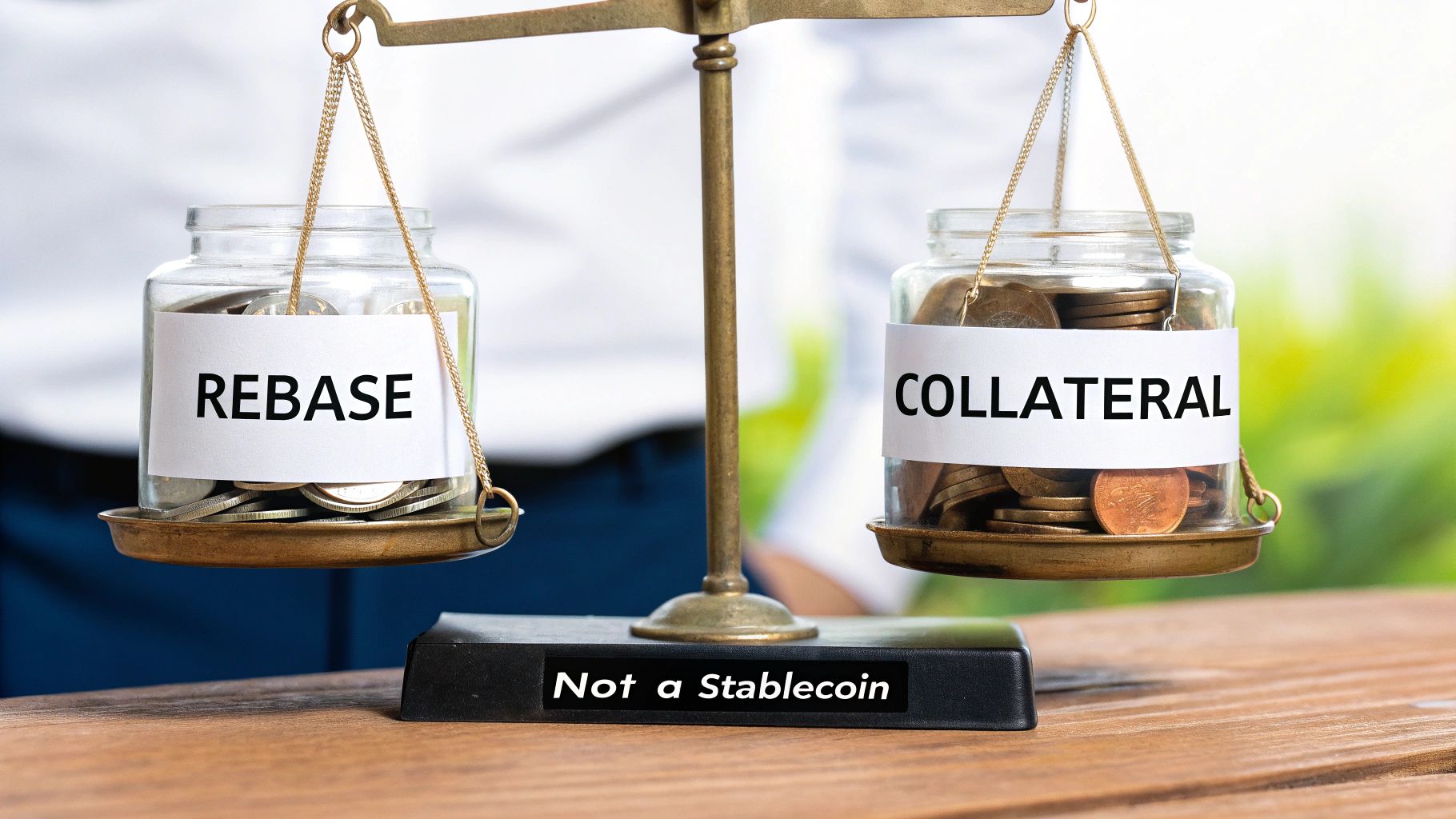 A balance scale comparing jars labeled 'REBASE' and 'COLLATERAL', with a 'Not a Stablecoin' label.
