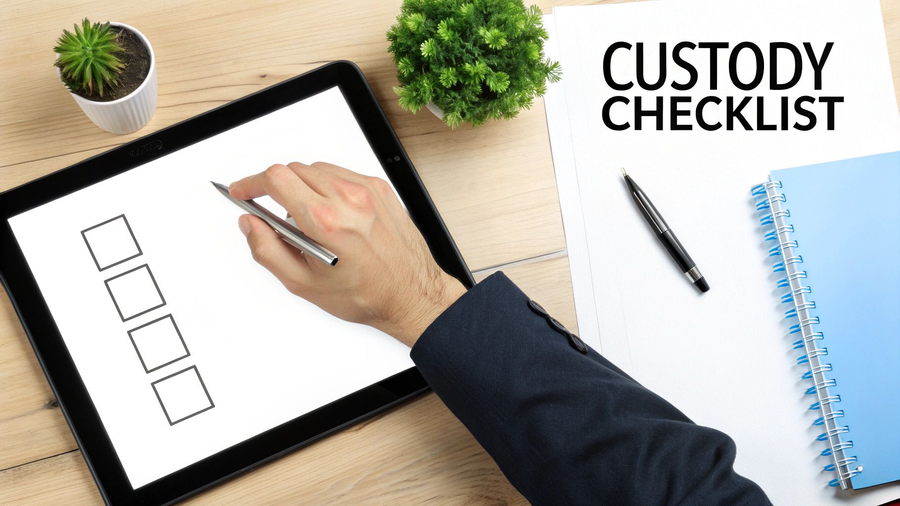 Overhead shot of a hand with a pen near a tablet showing a checklist and a 'Custody Checklist' document.