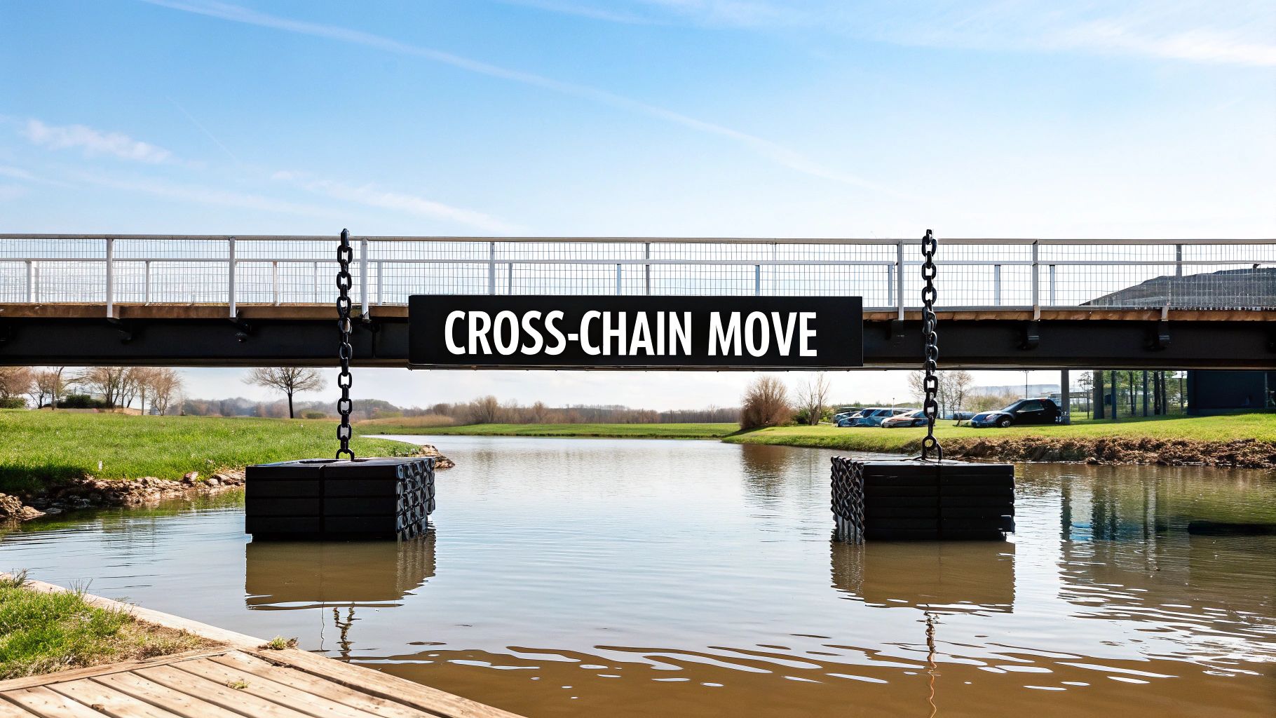 Digital illustration of a bridge connecting two separate blockchain networks.