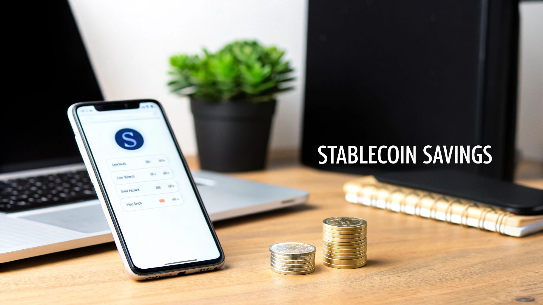 Smartphone displaying a finance app, laptop, stacks of coins, and a plant on a desk, representing stablecoin savings.