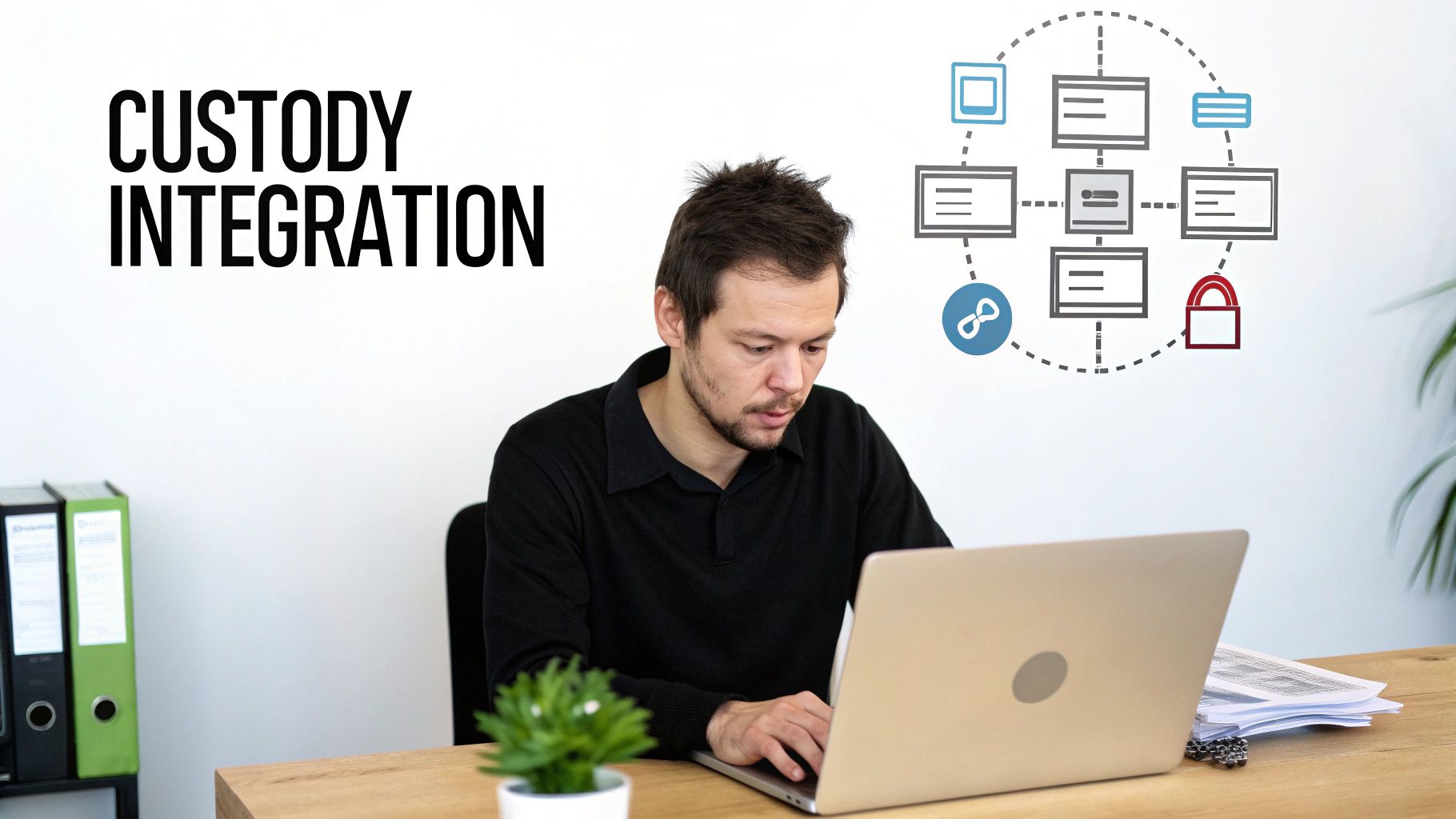 Man typing on a laptop, with "CUSTODY INTEGRATION" text and a digital system diagram on the wall.