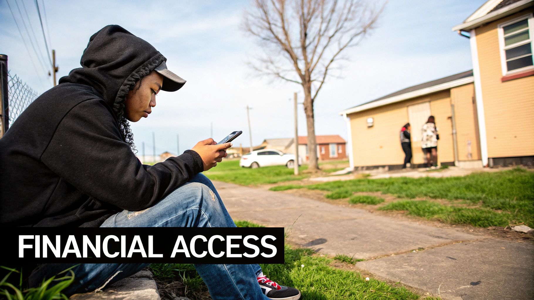 A young person in a black hoodie and jeans uses a smartphone outdoors in a residential area.