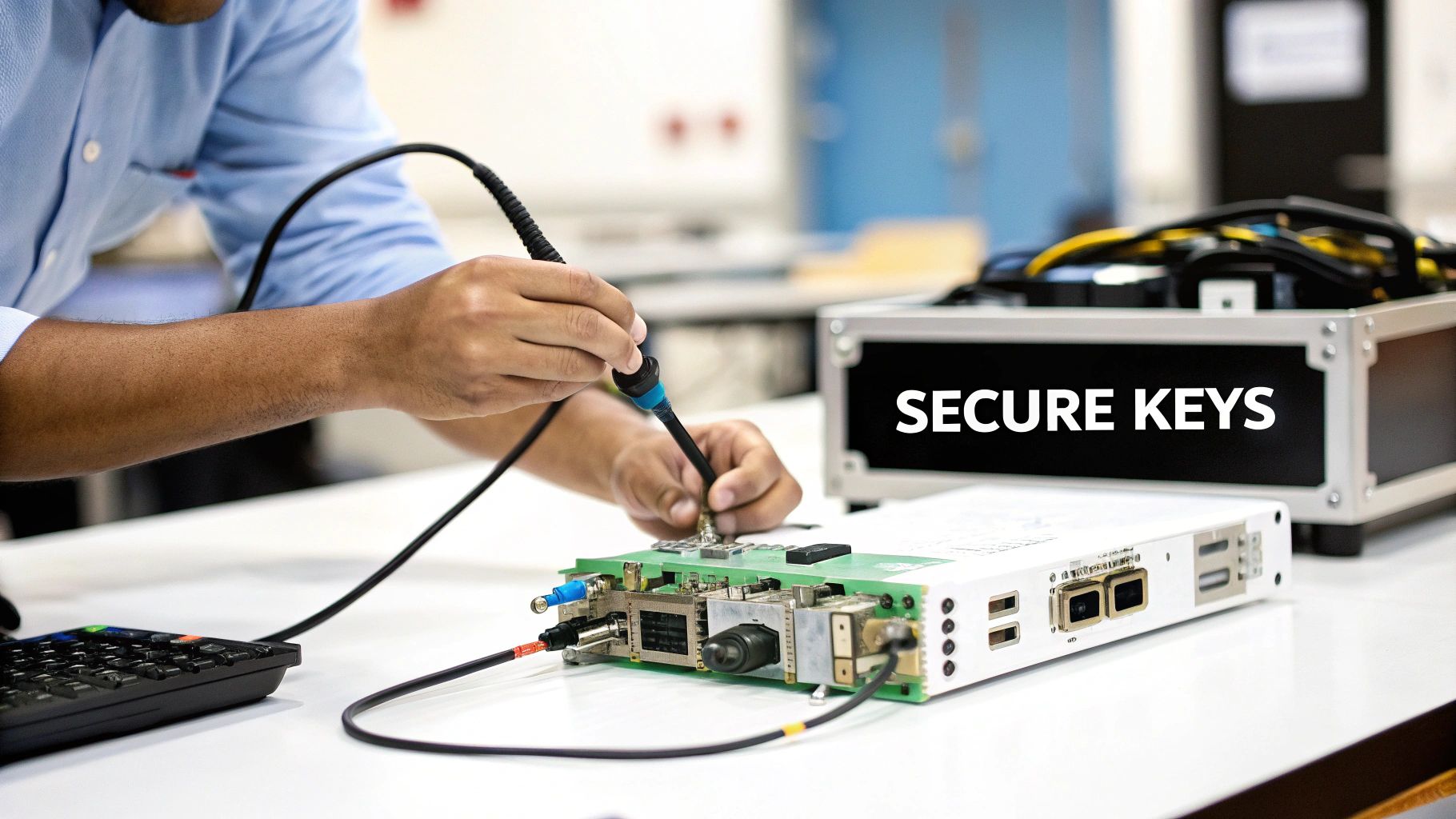 A person connects a tool to complex electronic hardware with a prominent 'SECURE KEYS' box nearby.