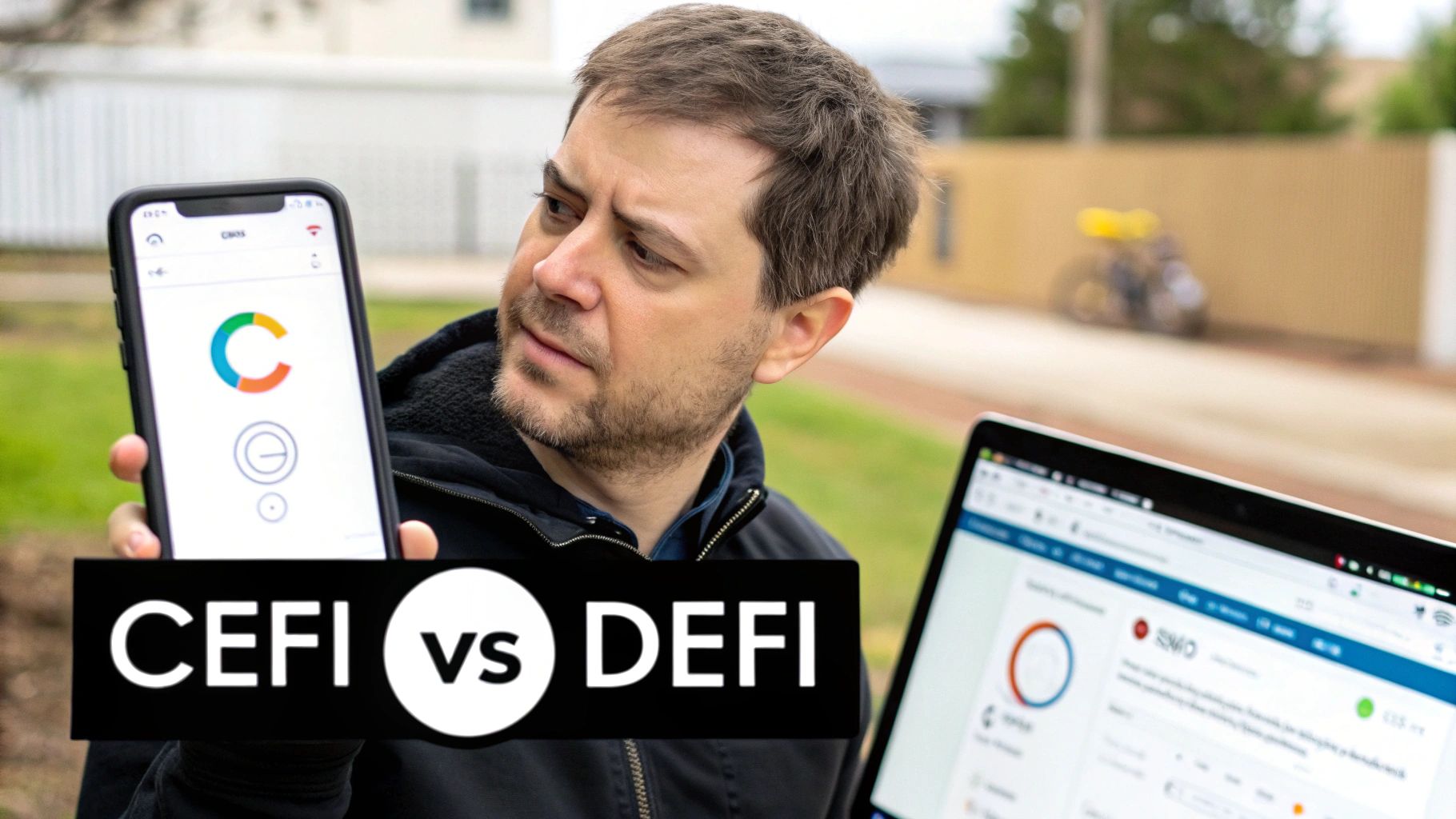 A digital interface showing the contrast between centralized and decentralized finance options for stablecoin staking.