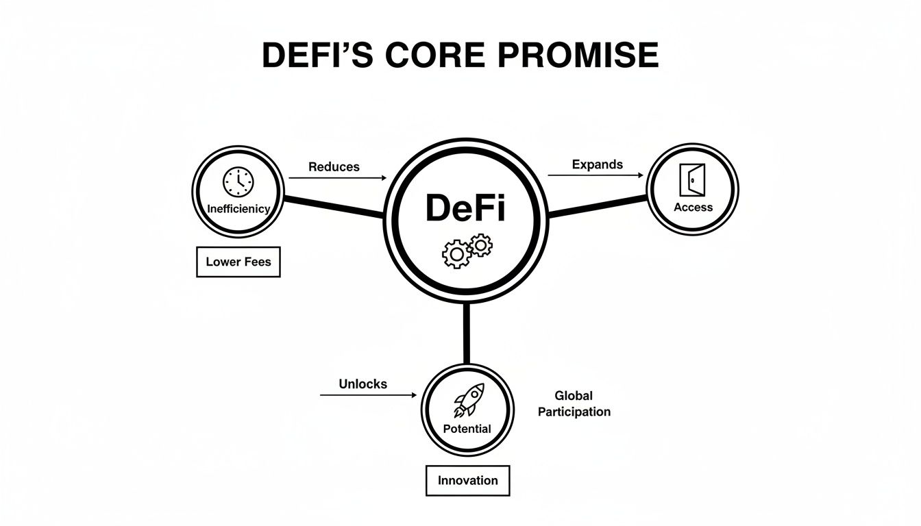 Diagram illustrating DeFi's core promise: reducing inefficiency, expanding global access, and unlocking innovation.