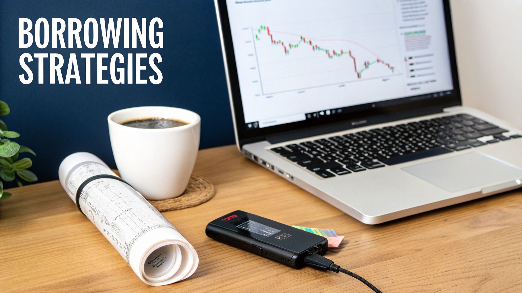 A desk with a laptop displaying financial charts, coffee, rolled documents, and 'BORROWING STRATEGIES' text.